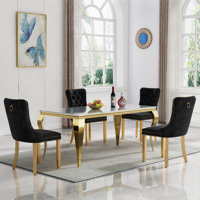 70" Luxury Faux Marble Dining Table Set, Modern Kitchen Table with Stainless Steel Pedestal, Modern Dining Room Table with Velvet Dining Chairs, Dinin by House of Hampton