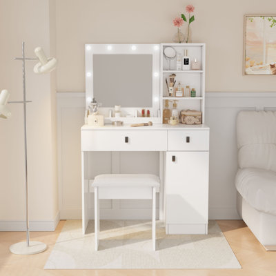 31.5" Makeup Vanity Desk with Mirror and Lights, 3 Lighting Modes, Vanity Set with Stool, Dressing Table with Adjustable Shelves,2 Drawers and Side Ca by Ebern Designs