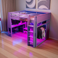 Wood Gaming Loft Bed With Desk, Multi-Storage Shelves, LED And A Hanging Clothes Rack by Harriet Bee
