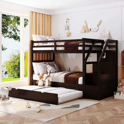 Twin Over Twin Bunk Bed with Trundle, Storage Staircase and Solid Wood Frame for Kids Bedroom by Harriet Bee