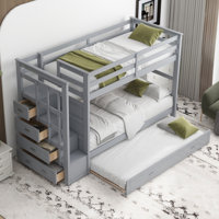 Bunk Bed with Trundle, Storage Staircase, and Drawers – Solid Wood Frame for Kids & Teens by Harriet Bee