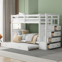 Bunk Bed with Trundle, Storage Staircase, and Drawers – Solid Wood Frame for Kids & Teens by Harriet Bee