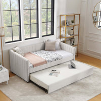 Daybed with Trundle Upholstered Sofa Bed, with Vertical Stripes, Linen Fabric by Latitude Run