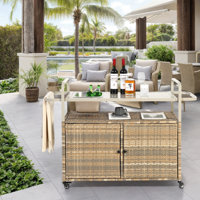 Outdoor Bar Table, Wicker Bar Cart With Cabinet, Patio Serving Cart With Steel Top, With One Ice Bucket,Lockable Wheels, Side Basket by Latitude Run