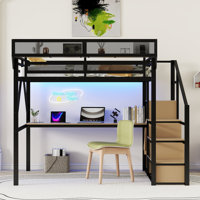 Metal Loft Bed with Desk, Light, USB Charging Station & Stairs, Space-Saving High Bed for Teens & Kids, Black by Mason & Marbles
