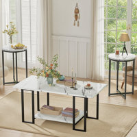 Faux Marble Coffee Table, Coffee Table Set Of 3 With 2 Round End Side Tables, Modern Living Room Table Set With Metal Frame For Apartment Home Office by Wrought Studio