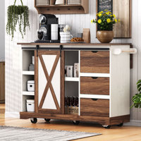 Kitchen Island With Drop Leaf, Kitchen Storage Island With Barn Door, Power Outlet, Rolling Kitchen Cart On Wheels With Spice Rack by Gracie Oaks