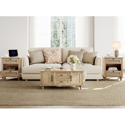 Oak 3 Piece Living Room Table Set, One Coffee Table, Set Of 2 Rattan End Tables With Charging Station by Alcott Hill