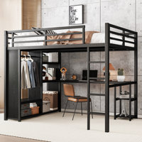 Loft Bed Frame with Built-in Wardrobe, Metal Loft Bed with Desk and Storage Shelves, Black by Harriet Bee