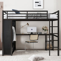 Loft Bed Frame with Built-in Wardrobe, Metal Loft Bed with Desk and Storage Shelves, Black by Harriet Bee