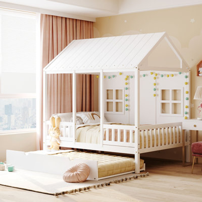 Wooden House Bed with Twin Trundle, White Kids Daybed Frame with Roof Design, Floor Bed for Bedroom or Playroom by August Grove