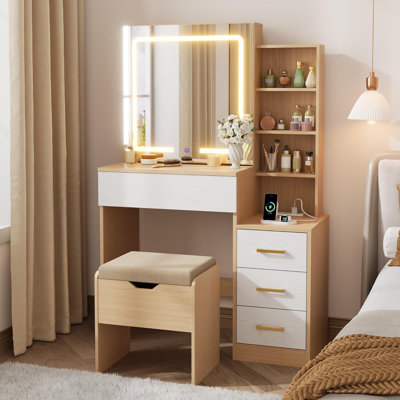 Senfot Vanity Desk With Sliding Mirror And Lights, Modern Makeup Vanity Table With 4 Drawers And 7 Storage Shelves, Dressing Table With Stool And Char by Latitude Run
