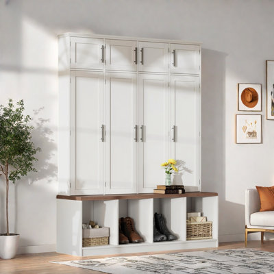 Farmhouse Hall Tree With 4 Hidden Hanging Hooks, 8 Doors, Seating Bench And Shoe Cabinet by Red Barrel Studio