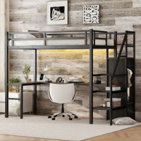 Loft Bed with L-shaped Desk and USB, Metal Loft Bed with Wardrobe and Adjustable Shelf, High Loft Bed with LED for Kids Teens Adults by Isabelle & Max
