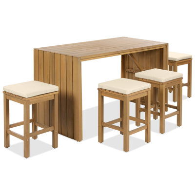 5 Piece Outdoor Bar Set, Patio Acacia Wood Bar Height Table & Four Stools With Cushions, Wood Dining Bar Set by Hokku Designs