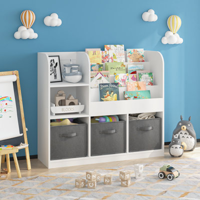 Kids Bookcase And Bookshelf, Multifunctional Bookcase With 3 Collapsible Fabric Drawers, Bookcase Display Stand, Toy Storage Organizer For Bedroom, Pl by Isabelle & Max