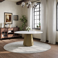 Modern 59" Round Dining Table for 6-8, White Glossy Sintered Stone Table top, Kitchen Table with Bronze Diamond Shaped Stainless Steel Base by Wrought Studio