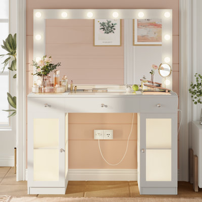 White Makeup Vanity Desk with Lighted Mirror & Power Outlet, Drawers & Cabinets, Glass Top Dressing Table with 3-Color LED Lights – Ideal for Women &