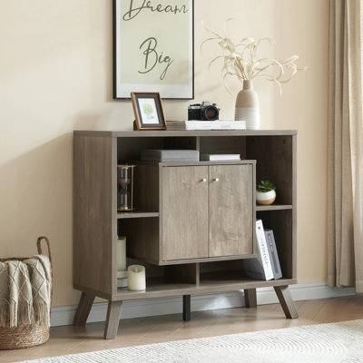 Compact Display Storage Sideboard Bookcase Cabinet Two Door Four Open Shelves Metal Knobs Wooden Flared Legs by George Oliver