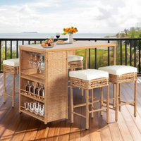 Patio 5-Piece Yellow Wicker Serving Bar Set With Beige Cushions by Bay Isle Home