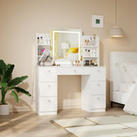 Vanity With LED Mirror And 7 Drawers And 6 Open Shelves