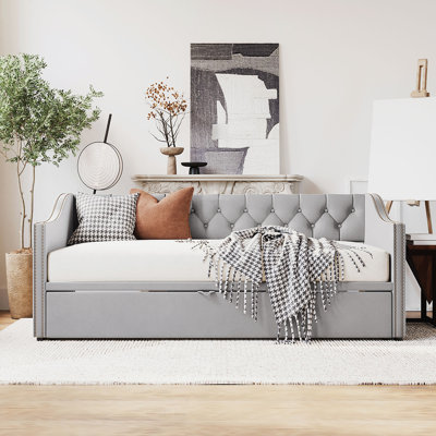 Twin Size Upholstered Daybed with Pop Up Trundle, Elegant Velvet Design for Versatile Home Decor and Comfortable Sleeping by Rosdorf Park