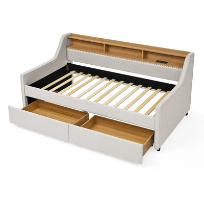 Twin Size Upholstered Sofa Bed with Adjustable Headboard, 3 LED Lights, Wireless Charging, 2 Storage Drawers, Linen Padded Frame