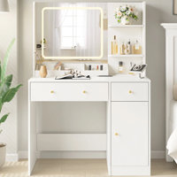 Makeup Vanity with LED Lighted Mirror, 3 Drawers & Power Outlet for Bedroom by Ebern Designs