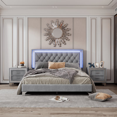 3-Piece Bedroom Set, Queen Size Upholstered Platform Bed with Lights and Two Nightstands, Modern Design with Sturdy Support and Elegant Appeal by Ebern Designs
