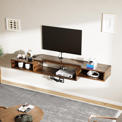 Floating TV Stand, with LED Lights, 59” Floating Entertainment Center with Power Outlet and Storage, Floating TV Shelf Media Console Cabinet for Gamin by Wrought Studio