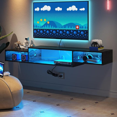 Floating TV Stand, with LED Lights, 59” Floating Entertainment Center with Power Outlet and Storage, Floating TV Shelf Media Console Cabinet for Gamin by Wrought Studio