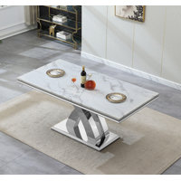 68.11" White Marble Dining Table, Modern Luxury Faux Marble Table with Sickle-Shaped Stainless Steel Pedestal, Rectangular Dining Room Table with 0.71 by Mercer41