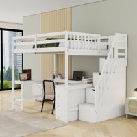 Space-Saving Full-Size Loft Bed With L-Shaped Desk And Ample Storage Shelves,Staircases by Harriet Bee