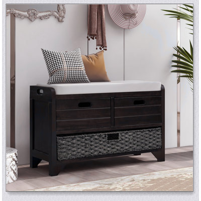 Storage Bench with Removable Basket and 2 Drawers, Fully Assembled Shoe Bench with Removable Cushion (Espresso) by Ophelia & Co.