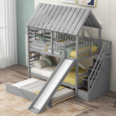 Twin over Twin House Bunk Bed with Trundle and Slide, Storage Staircase, Roof and Window Design by One Allium Way