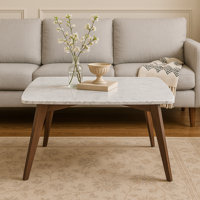 Riccardo 31" Square Italian Carrara White Marble Coffee Table With Walnut Legs by George Oliver