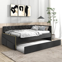 TOMM SPRITZ BLACK UPHOLSTERED TWIN SIZE DAYBED BED FRAME (CORNER BED) WITH TRUNDLE, VELVET FABRIC, STUDDING DESIGN, NO BOX SPRING REQUIRED, FITS ANY by Mercer41