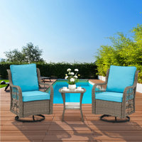 3 Piece Outdoor Patio Set, Wicker Rocking Bistro Set with 2 Swivel Chairs & Tempered Glass Top Table, Rattan Outdoor Furniture with Cushions for Patio by Dakota Fields