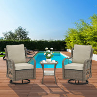 3 Piece Outdoor Patio Set, Wicker Rocking Bistro Set with 2 Swivel Chairs & Tempered Glass Top Table, Rattan Outdoor Furniture with Cushions for Patio