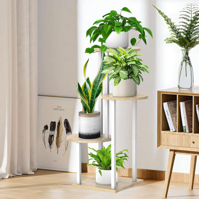 4 Tier Wood And Metal Plant Stand For Indoor Outdoor Use, Multi-Functional Flower Pot Holder Shelf With Sturdy MDF Base, Space Saving Corner Rack For