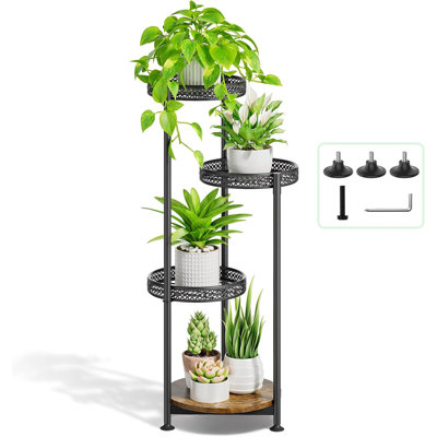 4 Tier Metal Plant Stand Indoor Outdoor, Corner Flower Pot Shelf Holder With Wooden Top, Space Saving Tall Rack For Multiple Plants, Modern Display Fo by 17 Stories