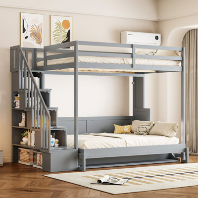 Full Over Full Murphy Bed with Hydraulic Lift, Desk & Storage – Space-Saving Bunk Bed for Kids & Small Rooms, Gray by Hokku Designs