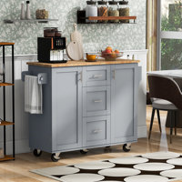 Meliora 50" Rolling Kitchen Island With Rubber Wood Top, 3 Drawers, 2 Slide-Out Shelf And Spice Rack,Tower Rack by Latitude Run