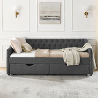Upholstered Tufted Daybed | Velvet Button - Tufted Copper Nail - Trimmed Waved Arms & Drawers by Everly Quinn