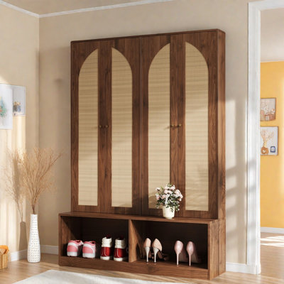 Farmhouse Widen Hall Tree With 4 Rattan Doors, Seating Bench, 6 Hooks And Shoe Cabinet by Bayou Breeze
