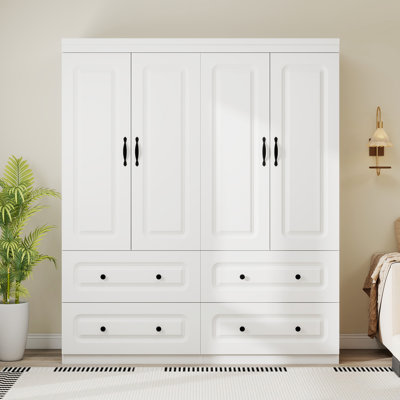 4-Door Armoire Wardrobe Closet with 4 drawers and Hanging Rod White by Latitude Run