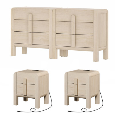 6 Drawer Dresser And Nightstand Set For Bedroom, 4 Pcs Bedroom Set With Curved Profile Design, Wood Chest Of Drawers Mid Century Storage Cabinet Set by Ebern Designs
