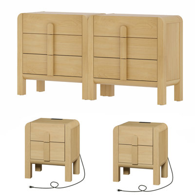 6 Drawer Dresser And Nightstand Set For Bedroom, 4 Pcs Bedroom Set With Curved Profile Design, Wood Chest Of Drawers Mid Century Storage Cabinet Set by Ebern Designs