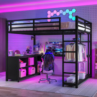 Metal Loft Bed with Wardrobe & L-Shaped Desk, Loft Bed with Storage Cubes & Shelves, Loft Bed for Kids, Teens & Adults, Black by Ivy Bronx