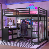 Metal Loft Bed with Wardrobe & L-Shaped Desk, Loft Bed with Storage Cubes & Shelves, Loft Bed for Kids, Teens & Adults, Black by Ivy Bronx
